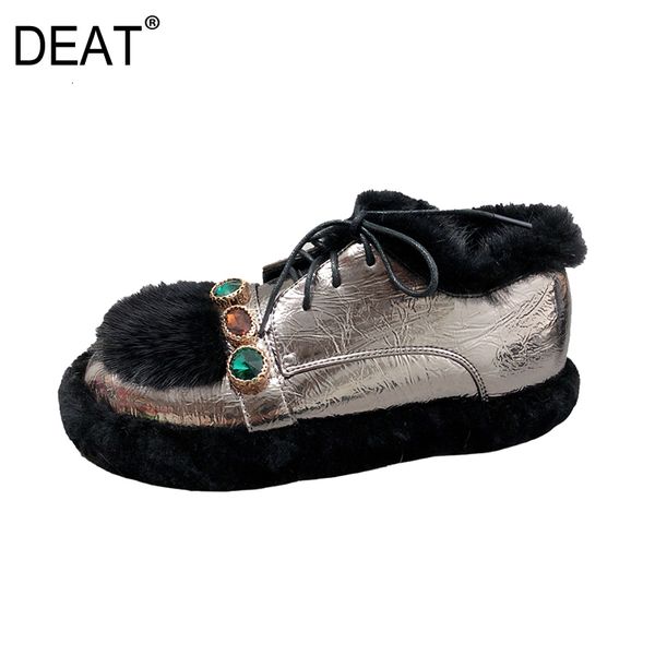 

deat]2019 round toe crystal lamswool fur spliced patent leather velvet flat shoes women new autumn winter fashion tide 19i-a184, Black