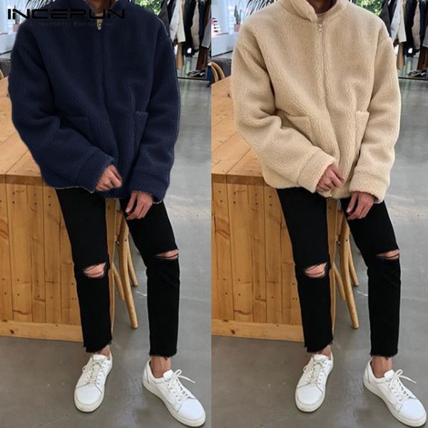 

incerun men long sleeve lapel neck fleece coat casual warm autumn winter stylish solid color mens pockets zipper jackets hombre, Black;brown