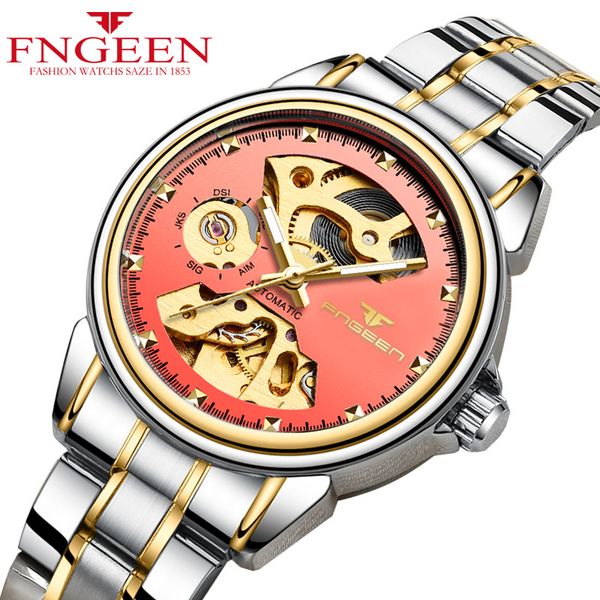

waterproof automatic hollow-out machine watch business mechanics pointer couple watches zf9813, Slivery;brown