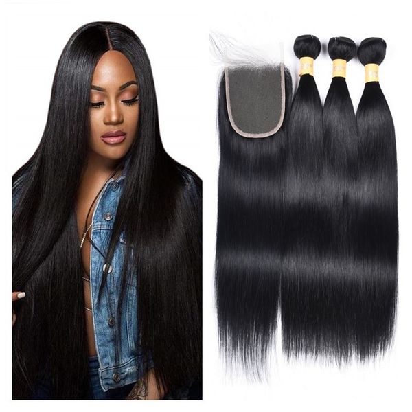 

Jet black 1 color traight body wave human hair weave 3 bundle with lace clo ure brazilian remy human hair exten ion