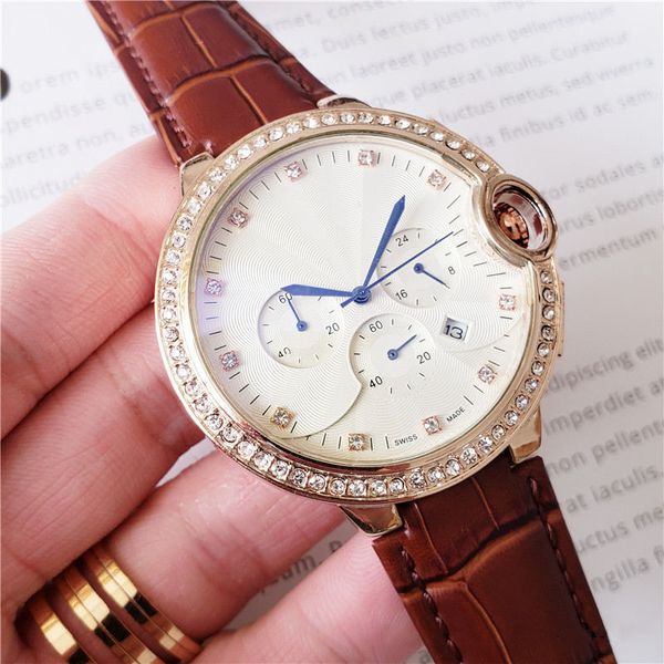 

2020 mens fashion watch diamond iced out watches all dial work chronograph function leather strap male sport wristwatches, Slivery;brown