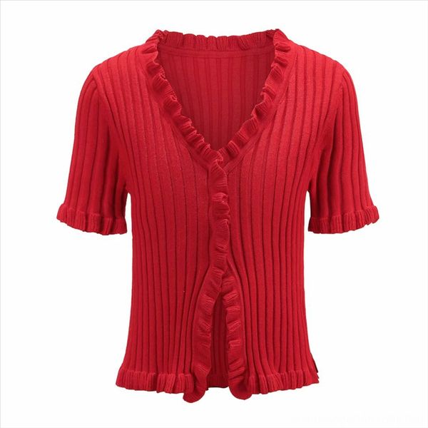 

fengzao women's knitted short-sleeved t-shirt tight wooden ear lace woolen cardigan fengzao women's knitted short-sleeved t-shirt, White