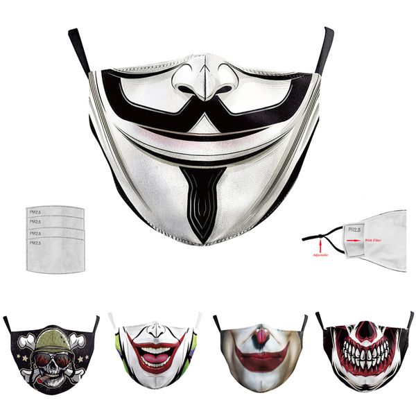 Costume di Halloween Maschera di stampa digitale 2 strati Maschere per adulti Masquerade Party Joker Maschere per il viso Riutilizzabili Antiappannamento Cosplay Mascherine