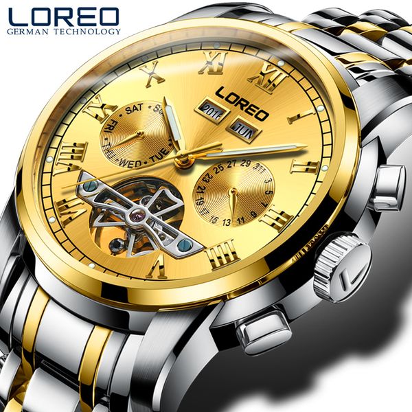 

perpetual calendar loreo mens automatic mechanical watches waterproof business sport skeleton watch relogio masculino, Slivery;brown