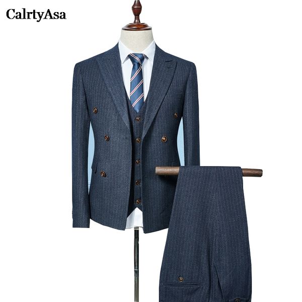 

men's suits & blazers calrtyasa double-breasted clothing gentleman england style suit blue black striped wedding (jacket+pants+vest) s-, White;black