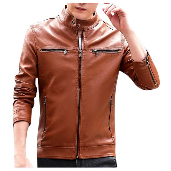 

jacket coat men winter leather jacket windproof biker motorcycle zipper long sleeve stand collar coat plus size, Black;brown