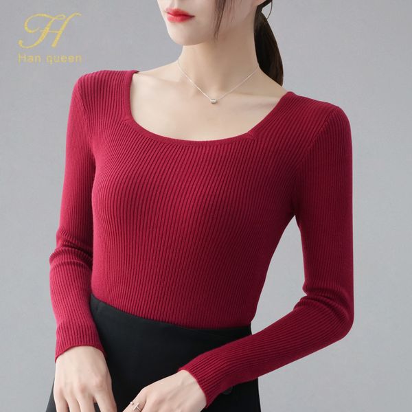 

h han queen woman autumn winter 2019 new sweater slim bottom long sleeve tight casual knitted pullovers vintage sweaters, White;black