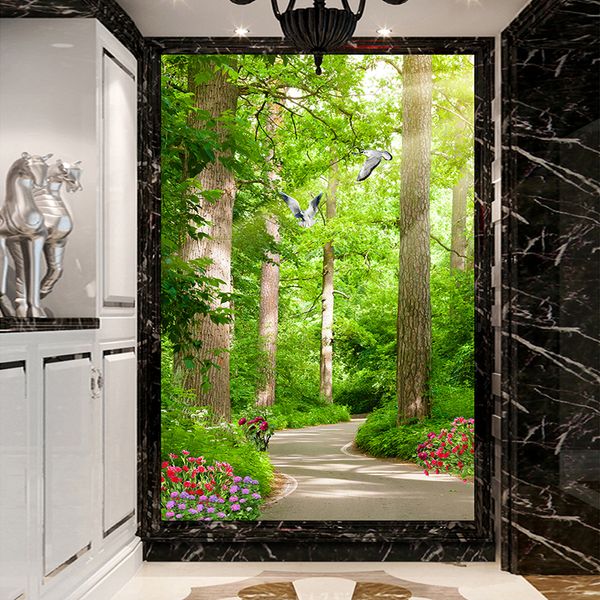 

custom 3d p wallpaper wall covering sunny forest green tree flowers small road scenery mural entrance corridor wall painting