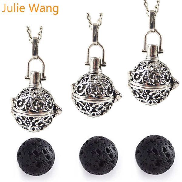

julie wang 3pcs copper antique silver necklace with 3pcs lava stones essential oil diffuser beads locket pendant perfume jewelry
