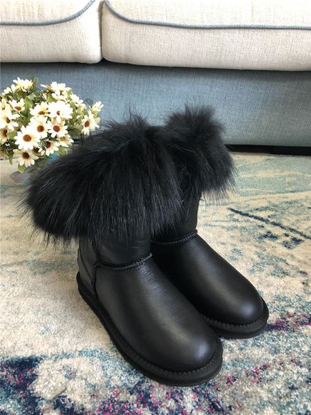 

fast shipping winter thick fox fur australian luxury platform snow boots mid boots women flat casual women warm boots size 35-40 04, Black