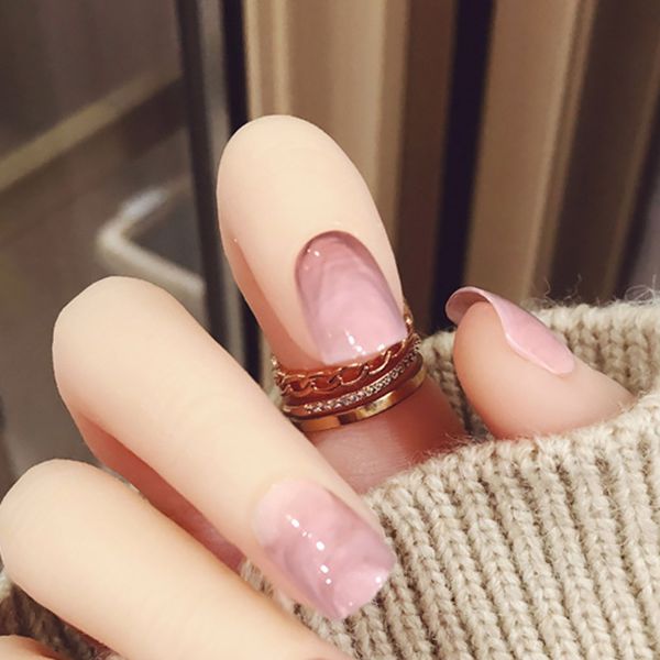 

full cover pure color holiday false nails women fashion short smooth nail art tips with glue girls sweet pink color fake nails, Red;gold