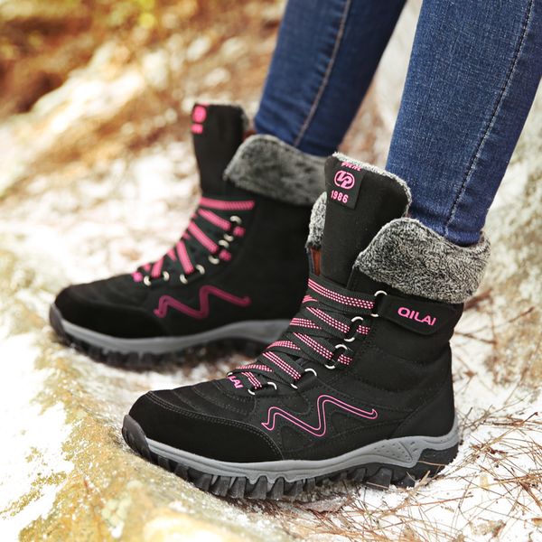 

stq 2019 new winter snow boots women ankle boots ladies suede leather warm plush women's female waterproof flat shoes 1812, Black