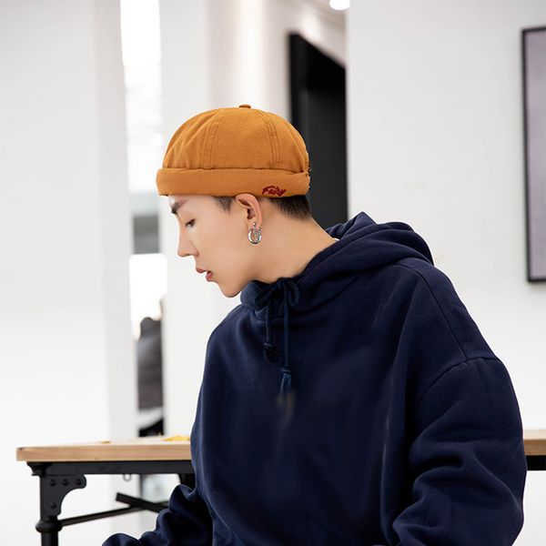 

solid cotton skullcap hip hop hat without visor folding cuff 2020 spring beanies ski hats letter embroidery retro cap wholesale, Blue;gray