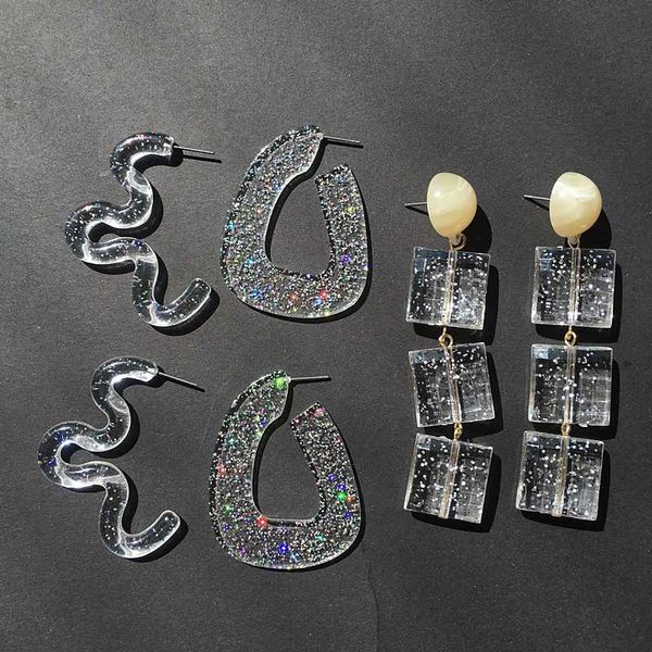 

ujbox glitter sequin dangle earrings japanese korean women transparent acrylic resin long pending earrings wedding party gift, Silver