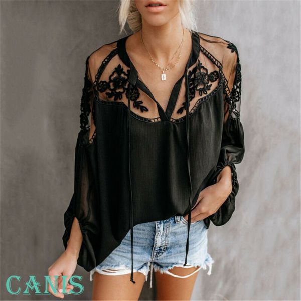 

women summer perspective lace casual ladies long sleeve chiffon blouse women lace patchwork v-neck shirt blusa feminina, White