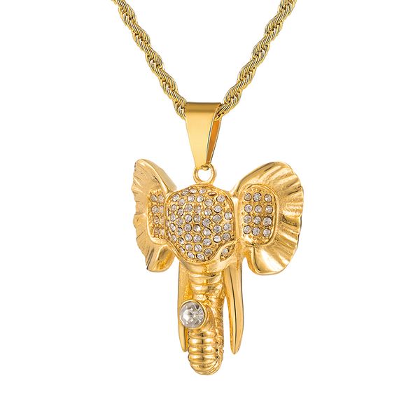 

hip hop gold color stainless steel bling iced out rope chain elephant pendants & necklaces for men jewelry, Silver