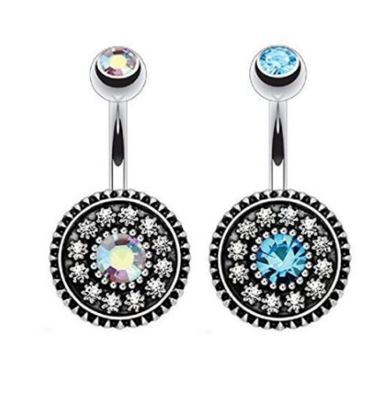 

2pcs/set vintage round wasit belly dance crystal body jewelry stainless steel navel & bell button piercing dangle rings for women, Silver
