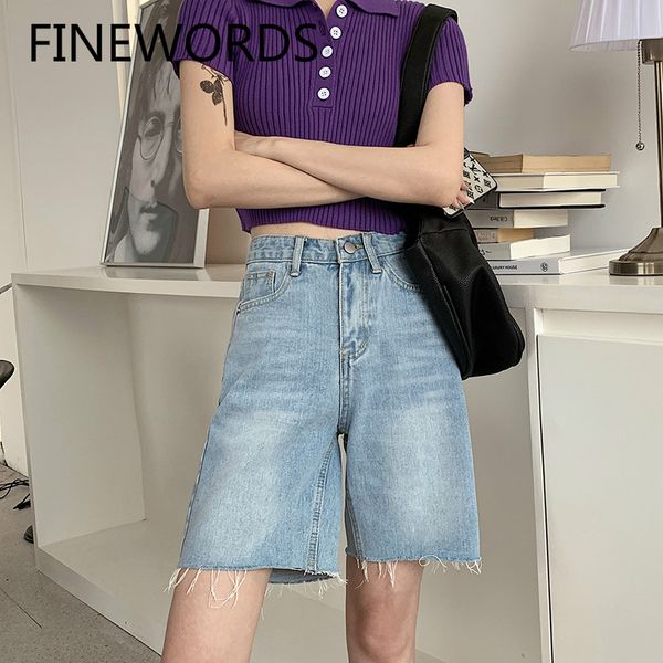 

finewords vintage mid length straight short jeans feminino blue high waist basic denim ladies shorts summer casual short pants, White;black