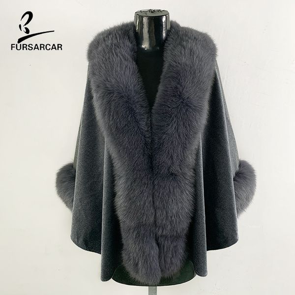 

fursarcar 2019 new women gray wool cape with big real genuine nature fur collar and cuff for female shawl winter wrap coat, Black