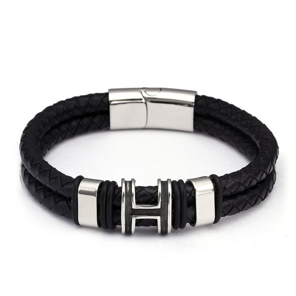

stainless steel magnet men male genuine leather bracelets bangles trendy brand black sporty charm bracelets, White
