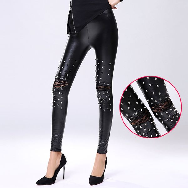 

selling european and american-style knee with holes lace riveted poly urethane leather leggings cool slim fit high-waisted a, Black