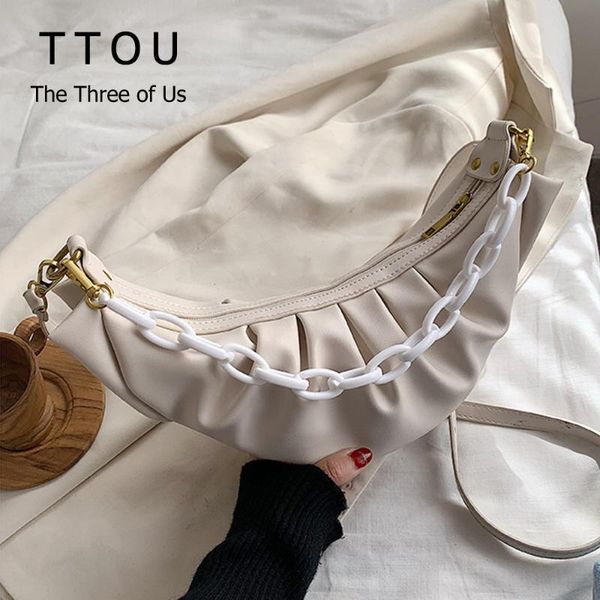

new fashion women design pleated dumplings bag solid color chain cloud crossbody bag female messenger party totes handbag