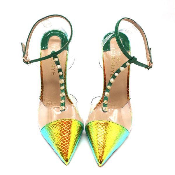 

fashion designer pumps pointy toe heels yellow green snake python t strap with spike ankle strap women lady female summer, Black