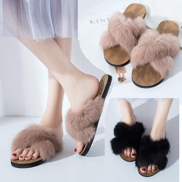 

fleece slippers female autumn and winter 2020 new wild wear flat bottom fashion cross slides fur female zapatos de mujer shoes, Black