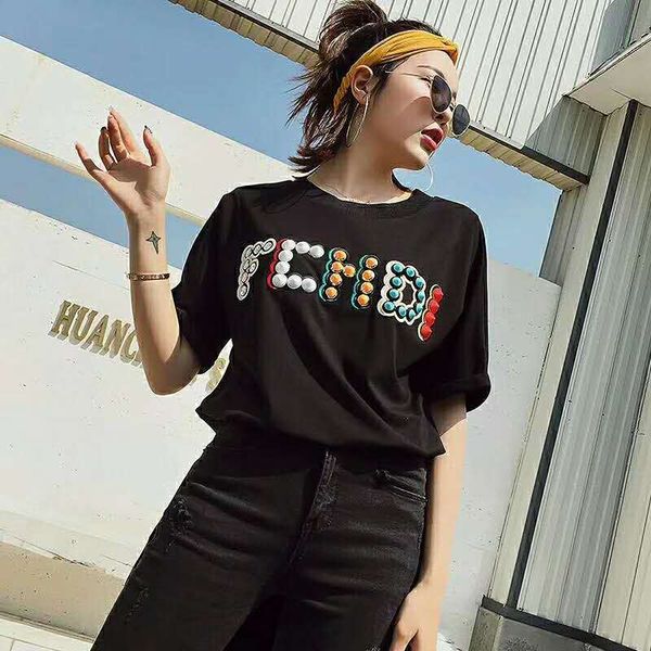 

2019 new ummer brand de igner crew neck black t hirt women top t hirt cotton hort leeve t hirt men women embroidery bead top tee