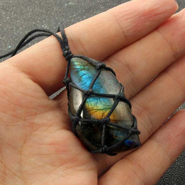 

labradorite necklace natural stone pendant wrap braid necklace for men women blue green fluorite, Silver