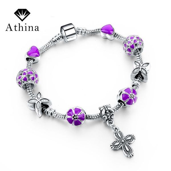 

athina new fashion jewelry flower charm bracelets for women with purple crystal glass beads bangles hearts pulseira sbr160045, Silver