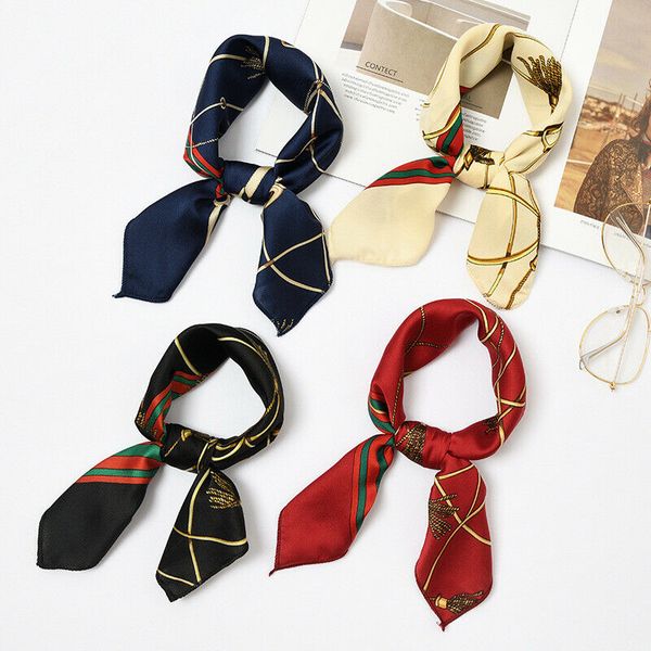 

hirigin new women silk feel satin small vintage hair tie band head neck square scarf, Blue;gray