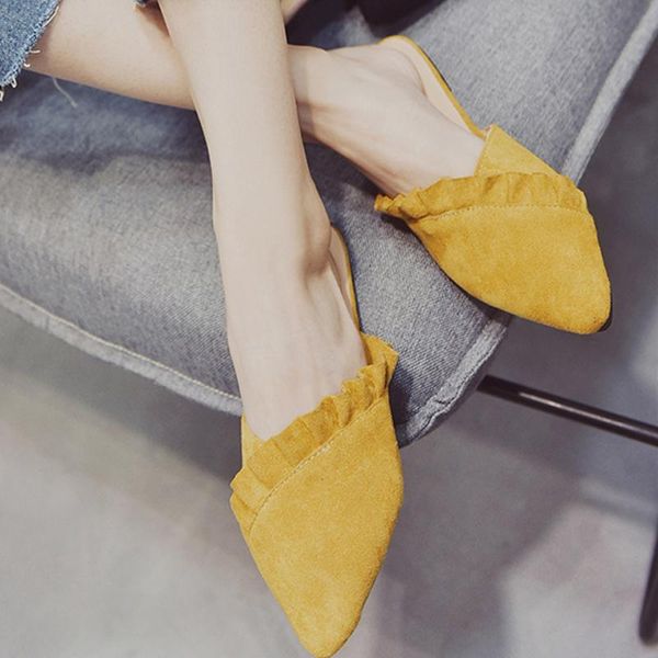 

summer pointed toe women shoes mules suede leather flat shoes womens pleated flats mujer zapatos de mujer, Black