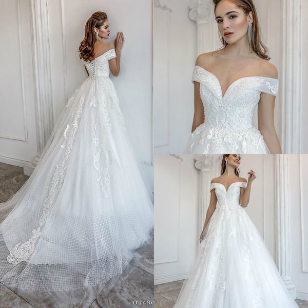 

oleg baburow 2019 wedding dresses off shoulder gridding lace appliques sweep train bridal gowns plus size beach robe de mariÃ©e, White