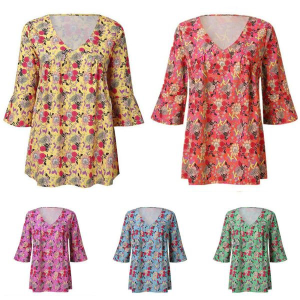 

Womens Batwing Sleeve Floral V-Neck Tops Loose Casual T Shirts Blouse Plus Size