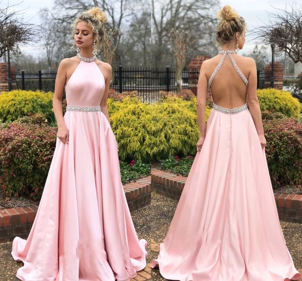 

noble elegant prom dresses halter high neck sleeveless backless sweep beaded train satin peplum back beaded collar evening gowns, Black