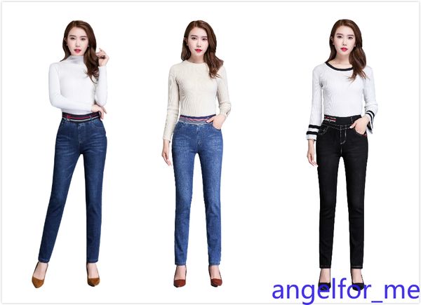 

новые эластичные джинсы с высокой талией женские вышитые тонкие студенческие брюки, Blue