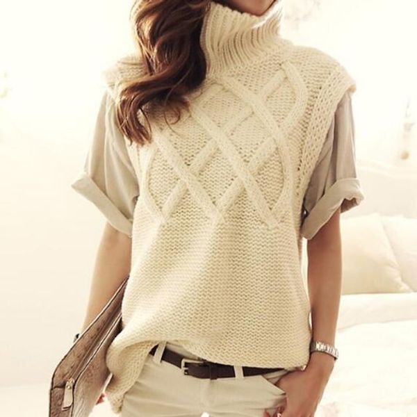

women's turtleneck thick warm long knit sweaters pullovers female vest 2020 fall winter woman sleeveless sweater ah113, White;black