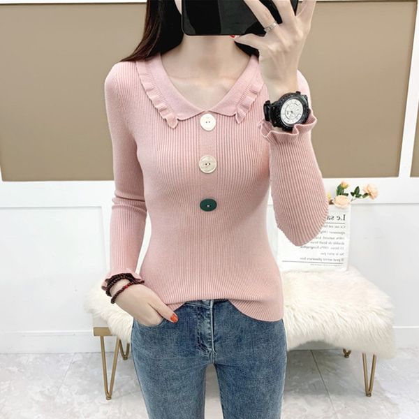 

female fashion sweaters women autumn slim button sweaters lapel knit pullover, White;black