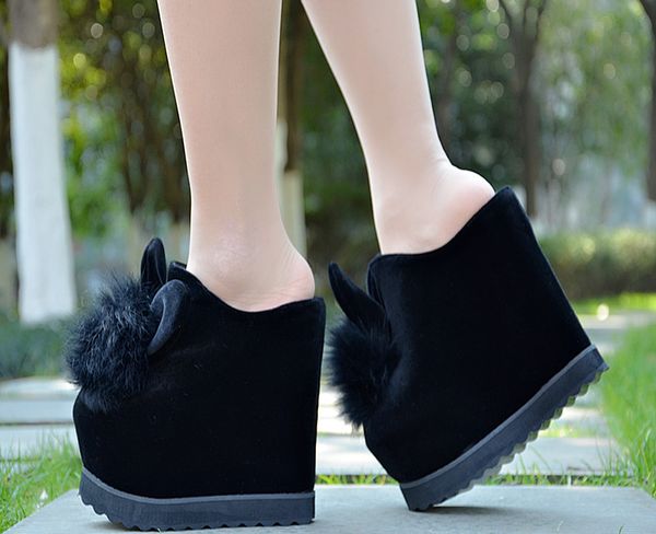 

sandals and slippers frosted ultra-high heel wedge heel thick bottom sponge cake tide increased 15cm cm slippers, Black