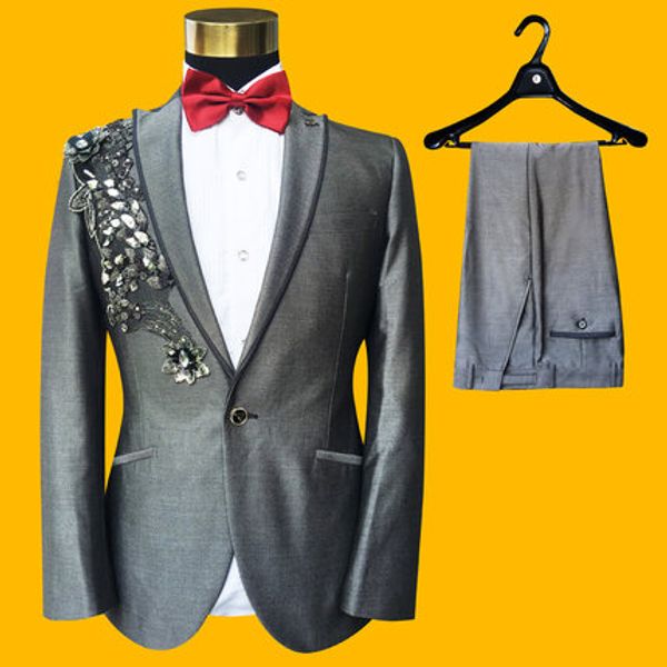 

hip 100%real mens 4 pattern flowers grey tuxedo suit /event/studio/stage performance/jacket with pants, White;black