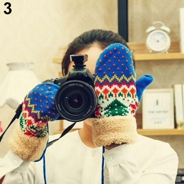 

fashion- chrismas tree pattern double layer knit halter mittens warm winter gloves women, Blue;gray