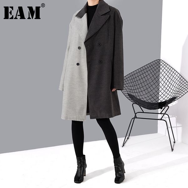 

eam] loose fit black contrast color big size woolen coat parkas new long sleeve women fashion tide autumn winter 2020 jc96901
