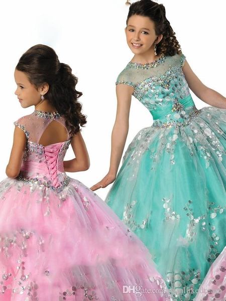 

girl pageant dresses beaded ruffles sheer neck ball gown floor length pink blue flower girl dresses sequins dress