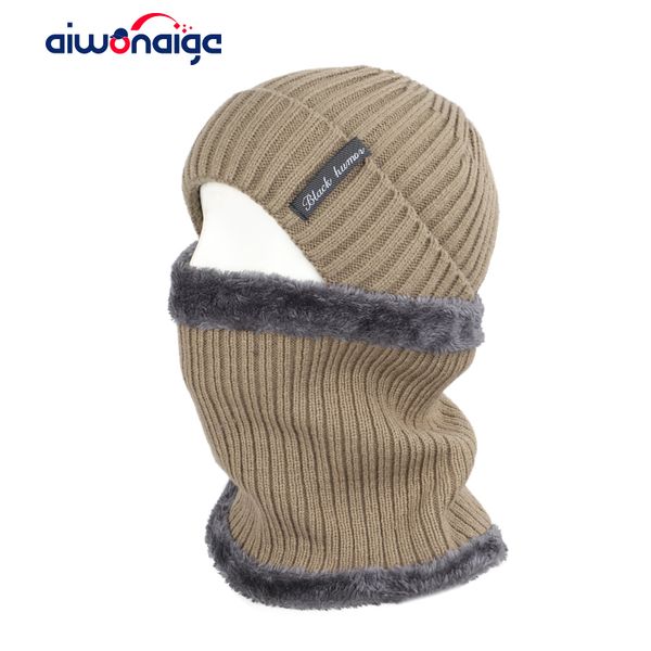 

2019 fashion striped men's winter hat scarf set men and women warm knit hat scarf 2 piece set plus velvet letters men's peas, Blue;gray