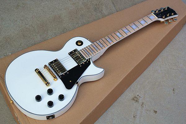 

white electric guitar with black pickguard,fixed bridge,pearl inlay and maple fretboard,white binding,can be customized