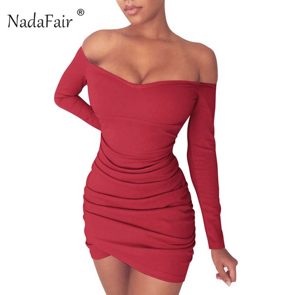 

nadafair autumn winter long sleeve women bodycon dress ruched off shoulder club party dress red black white wrap mini, Black;gray