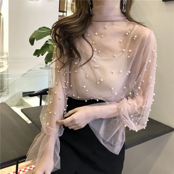 

2 two pieces vintage tie up mesh beads blouses women transparent o-neck blouse shirts femme, White