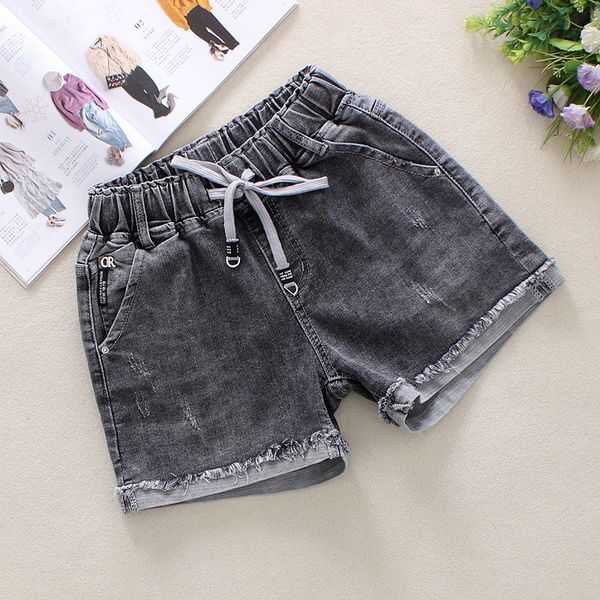 

2020 summer black gray women's denim shorts elastic waist shorts tassels 100% cotton pockets loose straight denim 9659, White;black
