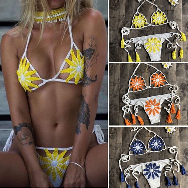 

2019 women color matching bikini set beach split swimsuit crochet flower backless bras thong bottoms, White;black